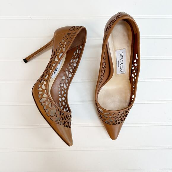 Jimmy Choo Romy 100 Brown Laser Cut Leather Pumps Heels Perforated Canyon 37 - Picture 4 of 14